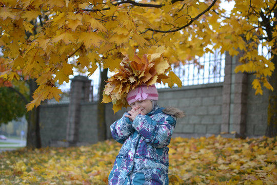 Small girl with wreath of maple leaves in autumn