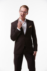 businessman in glasses enjoys fooling around emotional victory