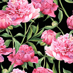 Seamless watercolor background with pink peonies
