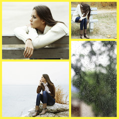 Collage of photos with lonely woman
