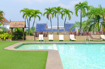 Swimming pool with green grass and palm at hotel close up