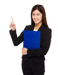 Businesswoman with clipboard and finger up