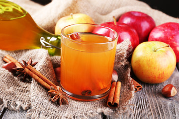 Apple cider with cinnamon sticks, spices and fresh apples