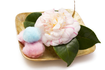 Obraz na płótnie Canvas pink camellia and colorful cottons