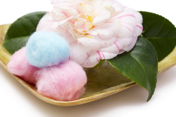 pink camellia and colorful cottons