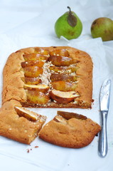 Pear and almond tart, selective focus