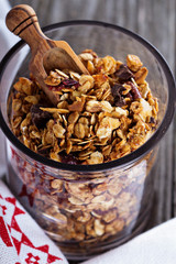Chocolate breakfast granola in a jar