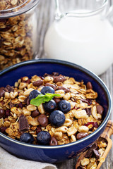 Chocolate breakfast granola in a bowl