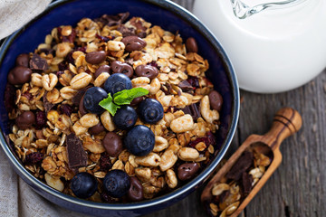Chocolate breakfast granola in a bowl