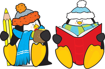 two cute penguins sitting and waiting for school bus