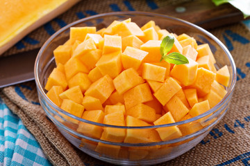 Diced butternut squash in a bowl