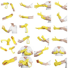 Studio shot  composition of a hands with rubber gloves on white