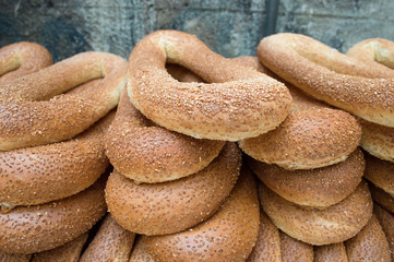 close up of bread bagels with sesam