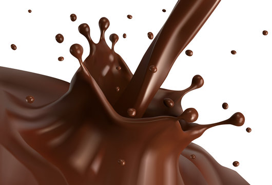Hot chocolate splash and pouring on white background.
