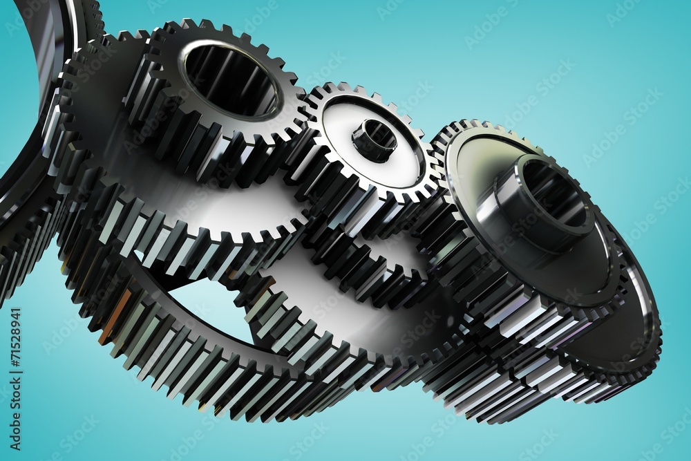 Poster composite image of metal cogs and wheels connecting