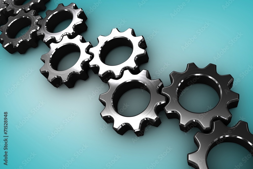 Poster Composite image of many chrome cogs and wheels