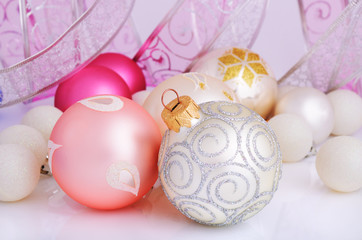 silver, pink, purple and white Christmas balls and Christmas rib