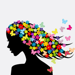 Beautiful woman profile silhouettes with flowers and butterflies - 71530183