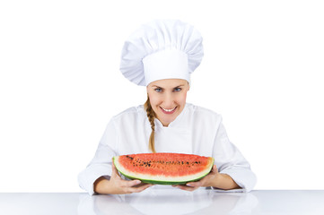 Woman chef in uniform. Isolated on white background
