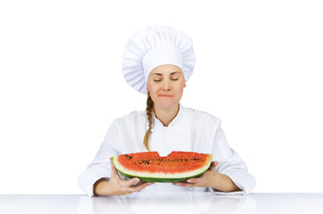 Woman chef in uniform. Isolated on white background