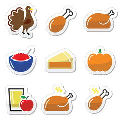 Thanksgiving Day food set - turkey, pumpkin pie, cranberry sauce