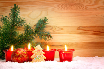 	Four Advent Candles and christmas ball. 