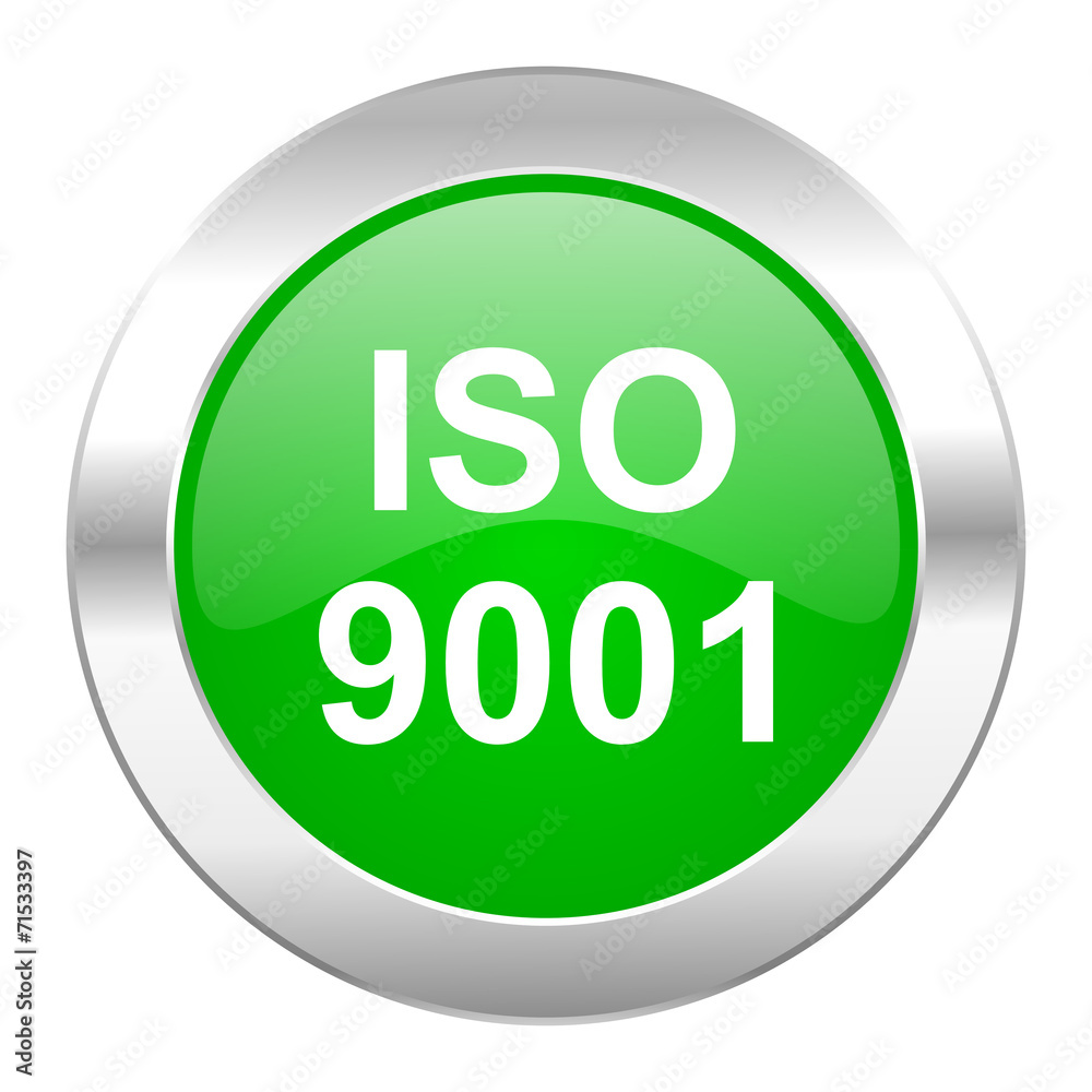 Poster iso 9001 green circle chrome web icon isolated
