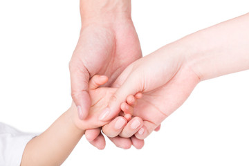 parents hand holding the hands of children isolated on white