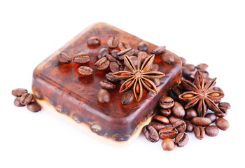Organic soap with coffee beans, isolated on white