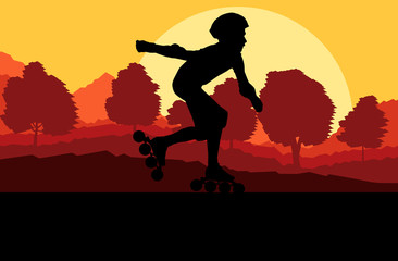 Kid roller skating in park vector background