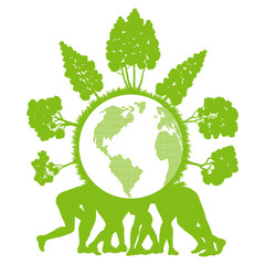 People holding ecology planet with forest around it vector backg