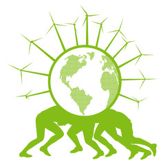 People holding ecology planet with wind generators on it vector
