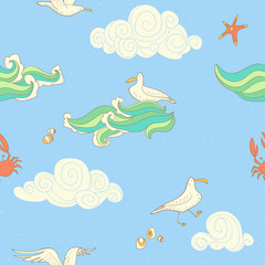 seamless pattern with gulls and clouds