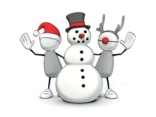 little sketchy man with santa hat, reindeer and snowman