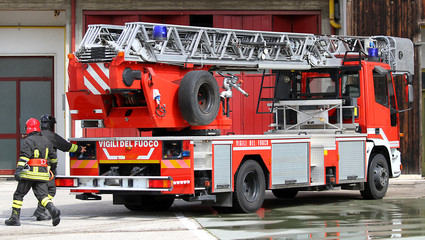 truck of Italian firefighters during exercise in fire station