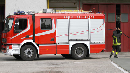 Italian firefighter during exercise in fire station
