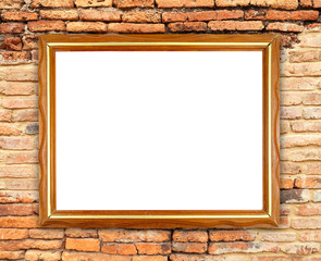 blank wood frame on brick stone wall