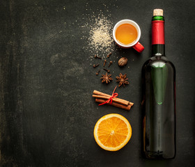 Mulled wine recipe ingredients on chalkboard - warming drink