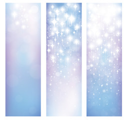 Vector abstract blue bokeh and stars patterns banners.