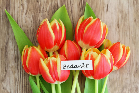 Red and yellow tulips with word 'bedankt' (thank you in Dutch)