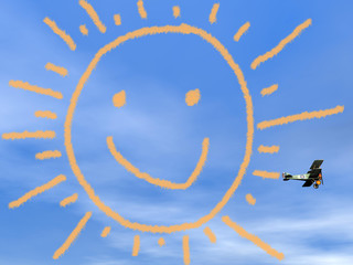 Smiling sun from biplan smoke - 3D render © Elenarts