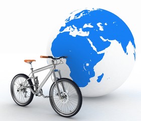 Bike and globe. Concept of tourism on environmental transport.