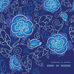 Vector blue night flowers frame corner pattern background