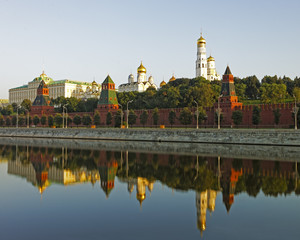 Moscow Kremlin and three towers reflected view in river