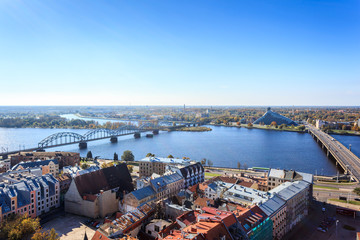 Riga city view including railway bridge