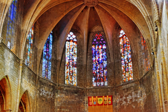 Stained-glass window in old  Catholic temple. Spain.
