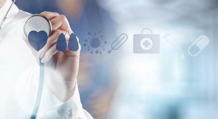 Medicine doctor hand working with modern computer interface as m