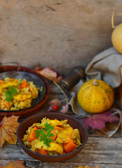 rice curry with fried fish and pumpkin
