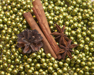 Christmas spice cinnamon and anise on the green beads