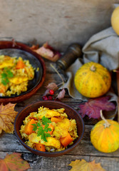 rice curry with fried fish and pumpkin